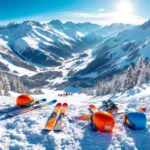 Luchtfoto Les Menuires skigebied met kleurrijke ski-uitrusting op verse poedersneeuw en besneeuwde Alpentoppen
