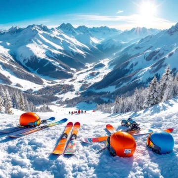 Luchtfoto Les Menuires skigebied met kleurrijke ski-uitrusting op verse poedersneeuw en besneeuwde Alpentoppen