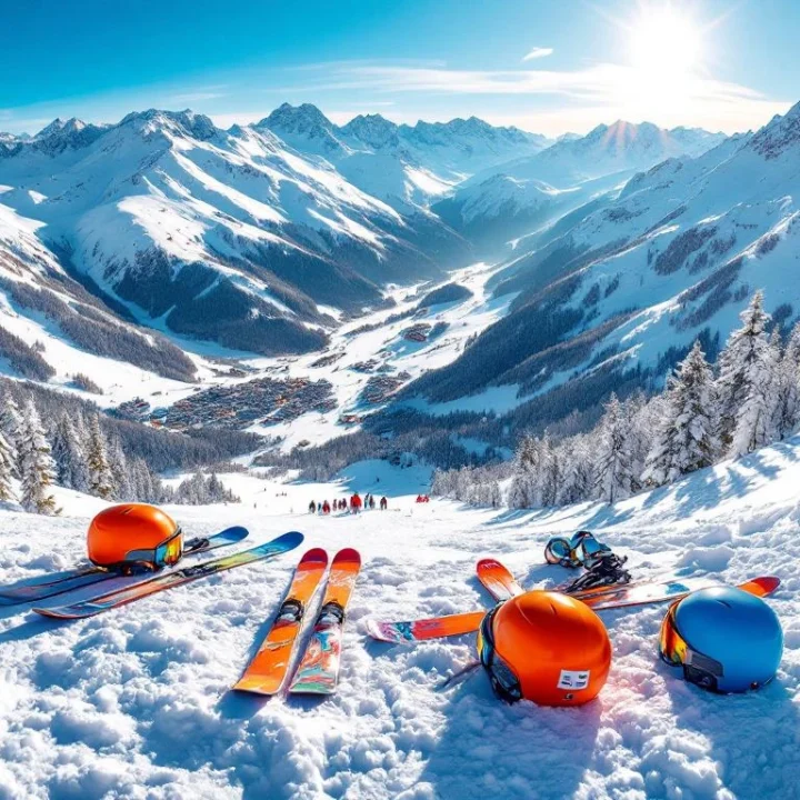 Luchtfoto Les Menuires skigebied met kleurrijke ski-uitrusting op verse poedersneeuw en besneeuwde Alpentoppen