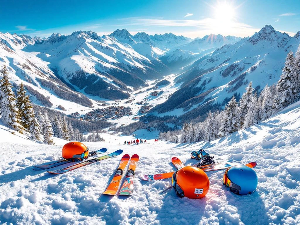 Luchtfoto Les Menuires skigebied met kleurrijke ski-uitrusting op verse poedersneeuw en besneeuwde Alpentoppen