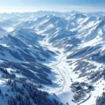 Luchtfoto van Les Trois Vallées skigebied in Franse Alpen met besneeuwde pistes, skiliften en bergtoppen