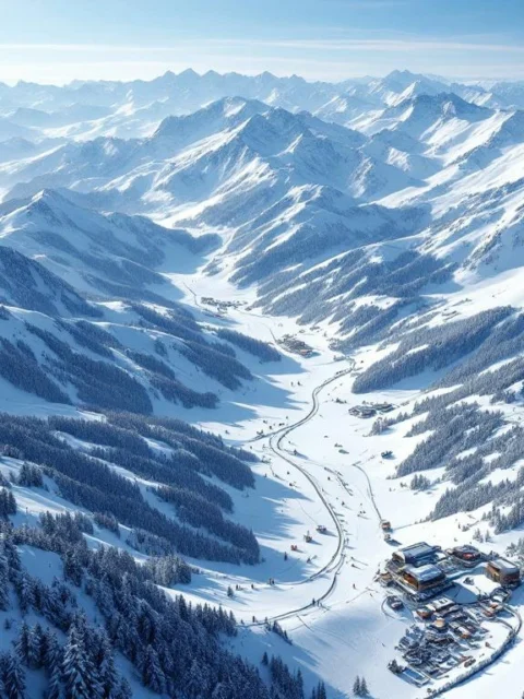 Luchtfoto van Les Trois Vallées skigebied in Franse Alpen met besneeuwde pistes, skiliften en bergtoppen