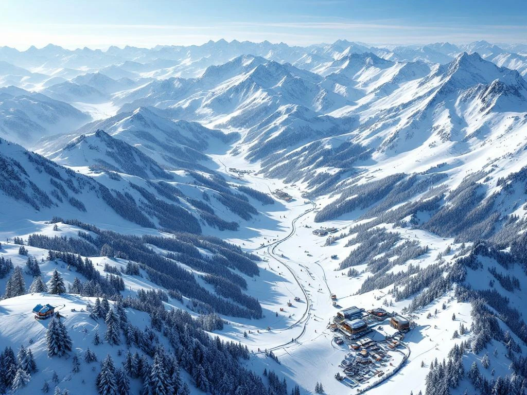 Luchtfoto van Les Trois Vallées skigebied in Franse Alpen met besneeuwde pistes, skiliften en bergtoppen