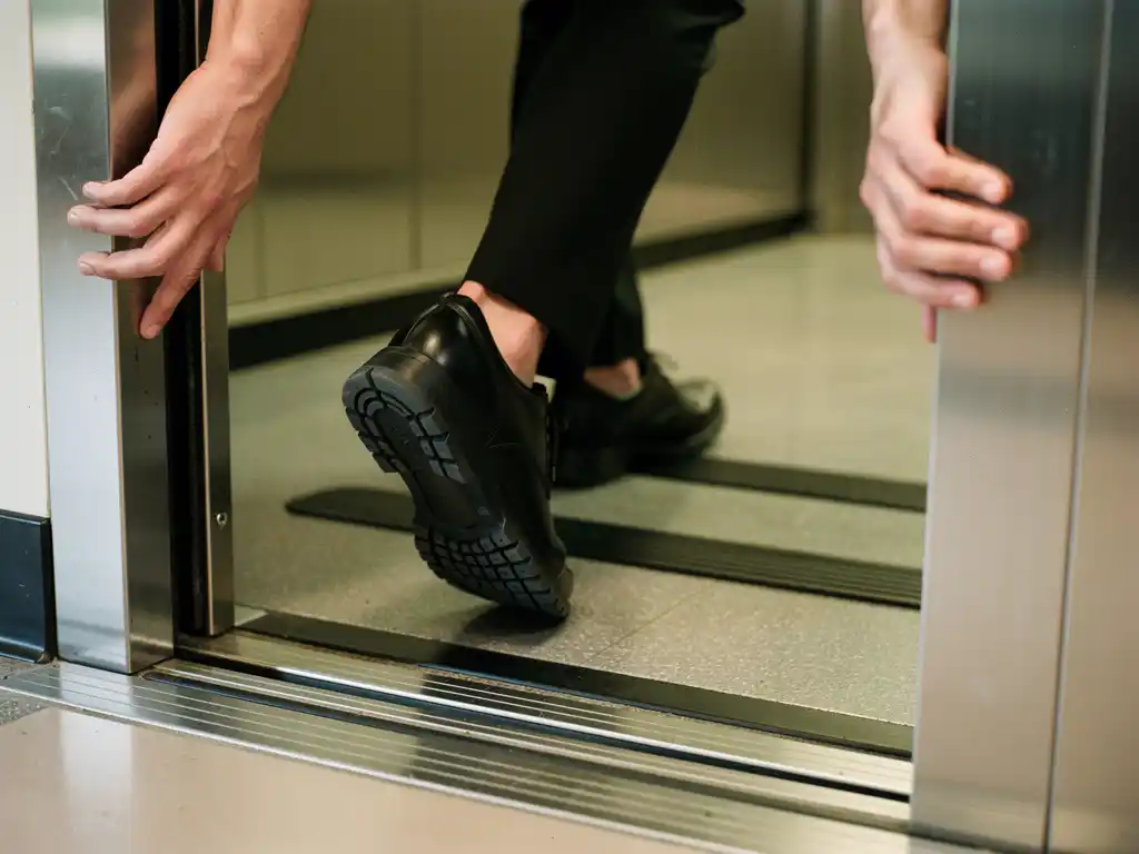 Persoon stapt voorzichtig lift in, één voet binnen en één buiten, handen aan deurkozijn voor stabiliteit