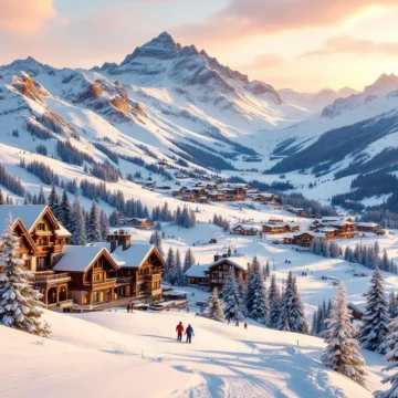 Luxe Alpine skiresort met besneeuwde pistes, chalets en bergtoppen bij gouden zonsondergang