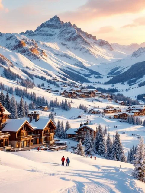 Luxe Alpine skiresort met besneeuwde pistes, chalets en bergtoppen bij gouden zonsondergang