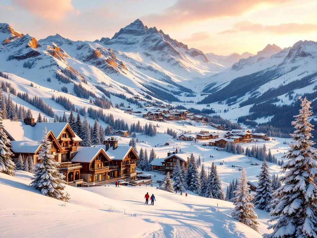 Luxe Alpine skiresort met besneeuwde pistes, chalets en bergtoppen bij gouden zonsondergang