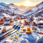 Luchtfoto van luxe Zwitserse skiresort met chalets, skipistes en prijskaartje, verlicht door gouden zonlicht