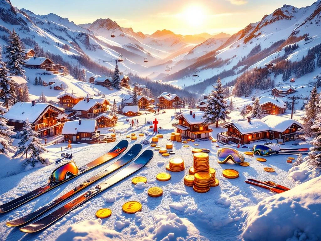 Luchtfoto van luxe Zwitserse skiresort met chalets, skipistes en prijskaartje, verlicht door gouden zonlicht