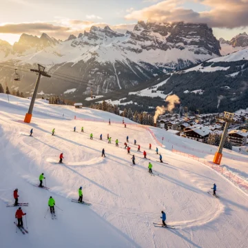 Ski instructors teaching groups on Mayrhofen's snowy slopes during golden hour with Austrian Alps and village below