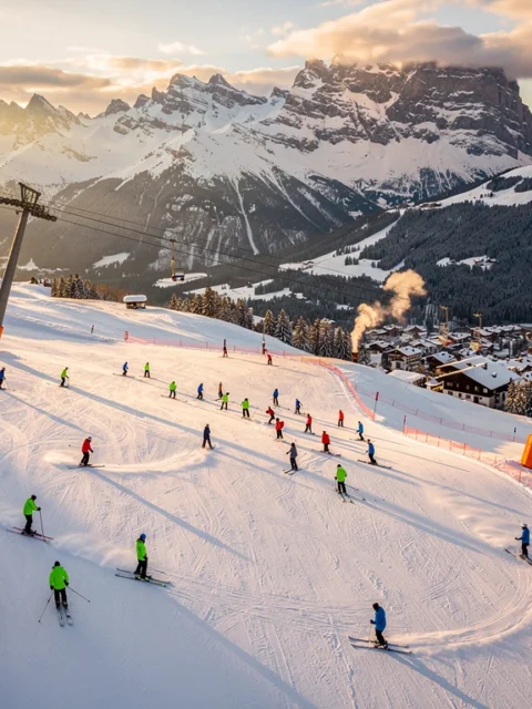 Ski instructors teaching groups on Mayrhofen's snowy slopes during golden hour with Austrian Alps and village below