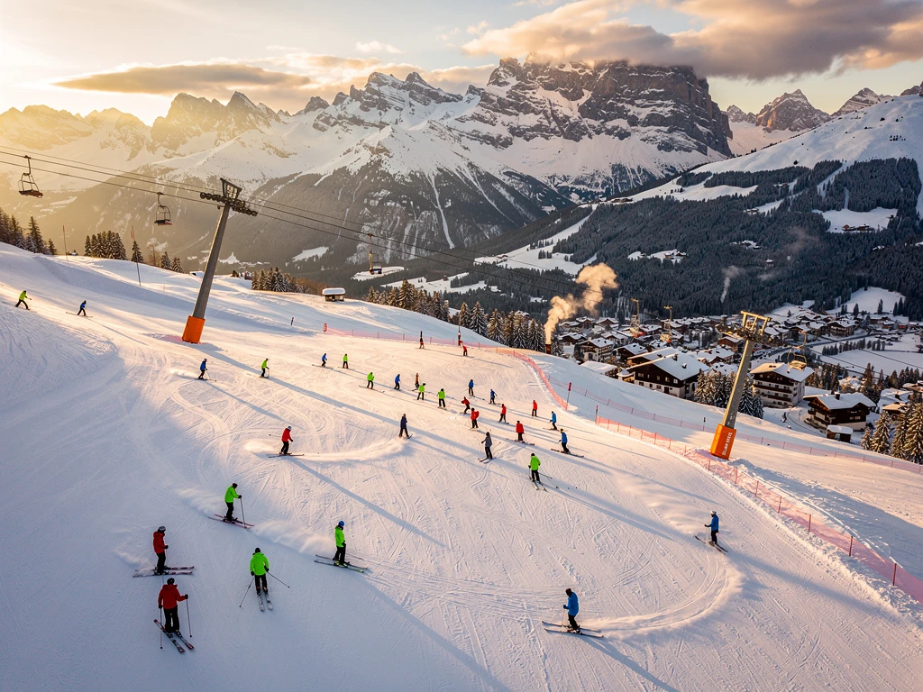 Ski instructors teaching groups on Mayrhofen's snowy slopes during golden hour with Austrian Alps and village below