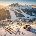 Luchtfoto van besneeuwde skipistes in Mayrhofen met ski-uitrusting op voorgrond en Oostenrijks alpendorp in dal