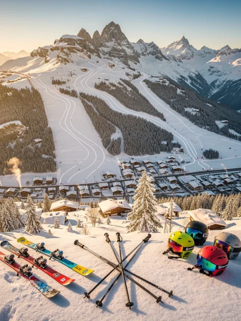 Luchtfoto van besneeuwde skipistes in Mayrhofen met ski-uitrusting op voorgrond en Oostenrijks alpendorp in dal