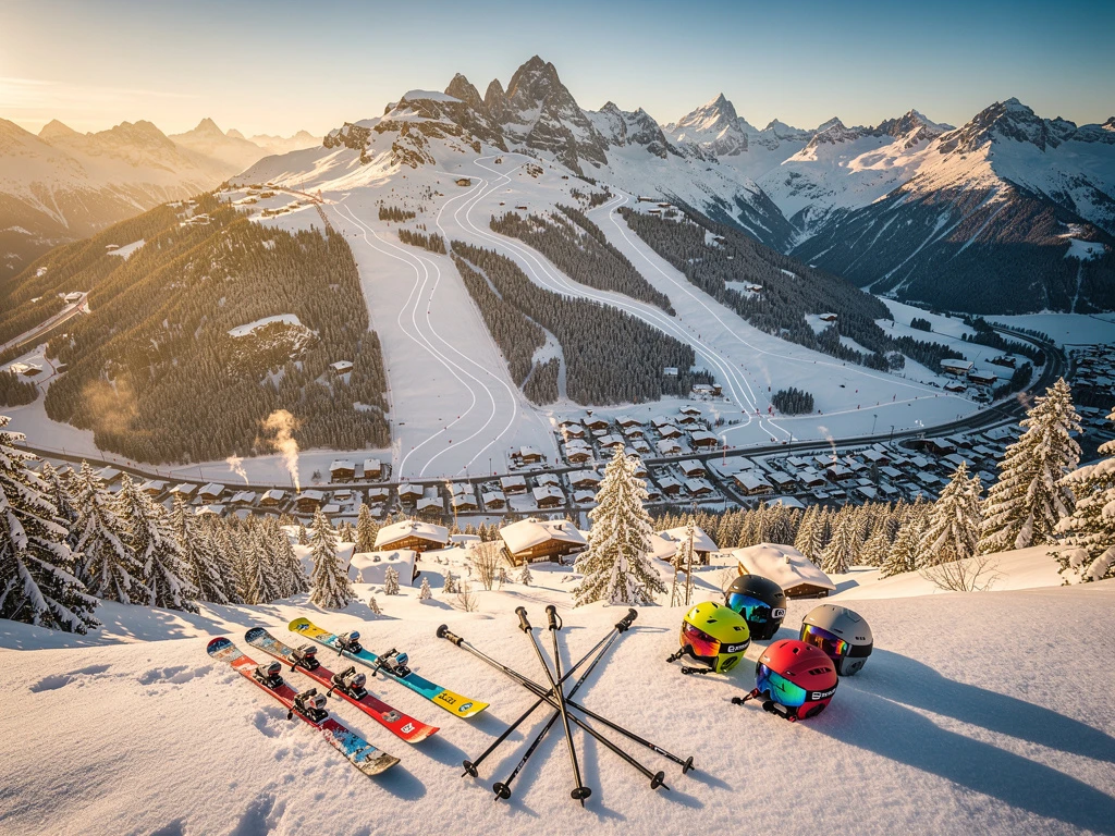 Luchtfoto van besneeuwde skipistes in Mayrhofen met ski-uitrusting op voorgrond en Oostenrijks alpendorp in dal