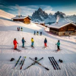 Aerial view of Megève ski slopes with colorful skiers, Alpine chalets, and French Alps peaks under golden hour lighting.