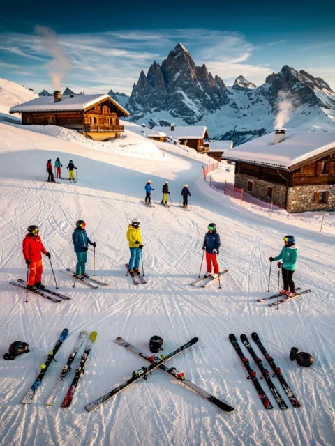 Aerial view of Megève ski slopes with colorful skiers, Alpine chalets, and French Alps peaks under golden hour lighting.