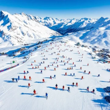 Luchtfoto van Méribel-Mottaret skigebied met skigroepen in kleurrijke winterkleding op besneeuwde hellingen in de Alpen