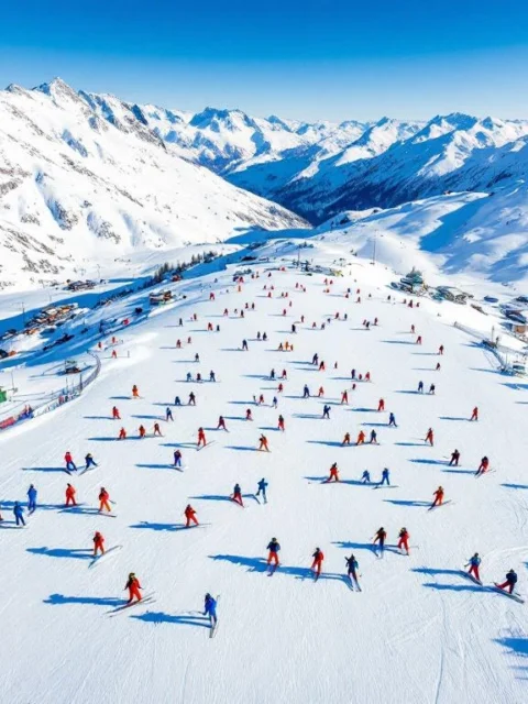 Luchtfoto van Méribel-Mottaret skigebied met skigroepen in kleurrijke winterkleding op besneeuwde hellingen in de Alpen