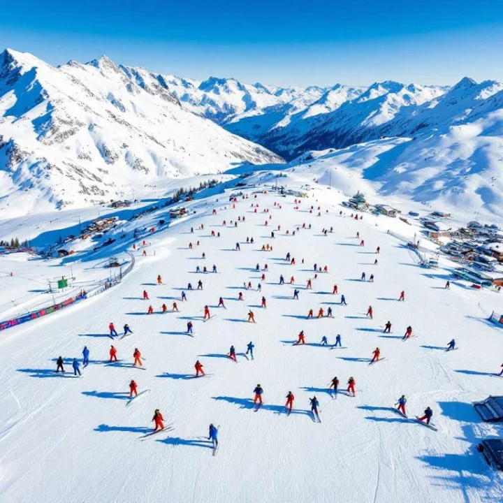 Luchtfoto van Méribel-Mottaret skigebied met skigroepen in kleurrijke winterkleding op besneeuwde hellingen in de Alpen