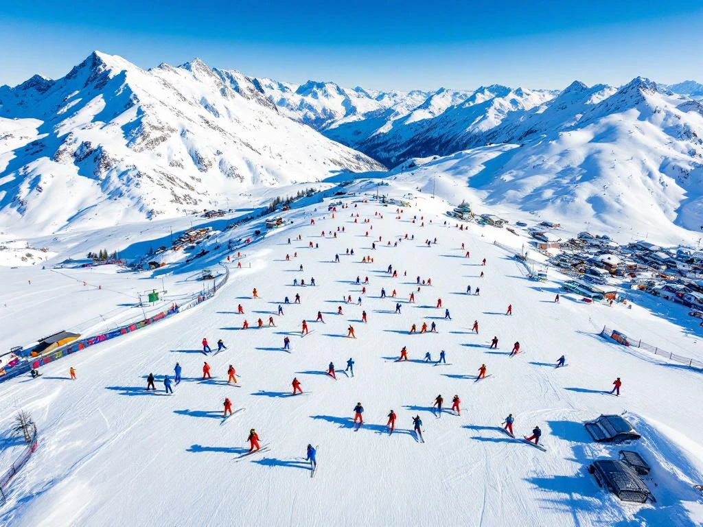 Luchtfoto van Méribel-Mottaret skigebied met skigroepen in kleurrijke winterkleding op besneeuwde hellingen in de Alpen
