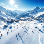 Luchtfoto van Mieders skipistes met skigroepen op verschillende niveaus, omringd door Oostenrijkse bergchalets en besneeuwde Alpentoppen