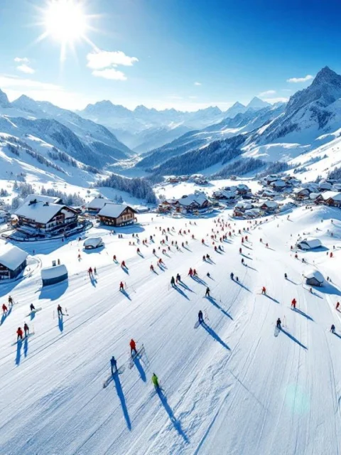 Luchtfoto van Mieders skipistes met skigroepen op verschillende niveaus, omringd door Oostenrijkse bergchalets en besneeuwde Alpentoppen