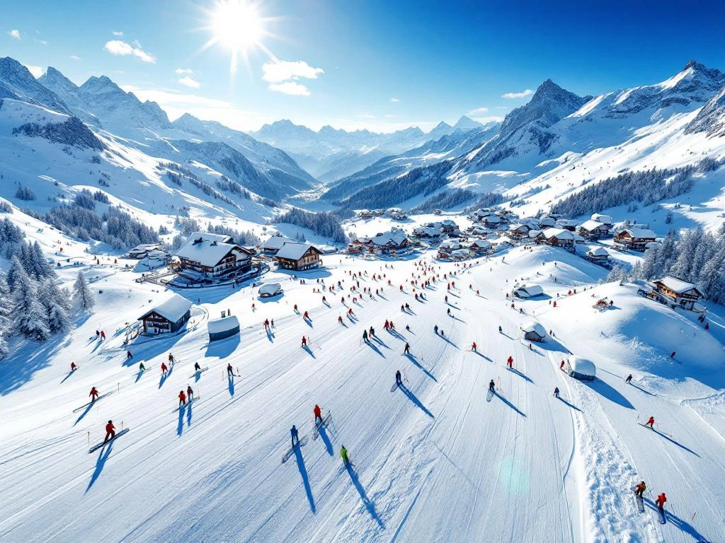 Luchtfoto van Mieders skipistes met skigroepen op verschillende niveaus, omringd door Oostenrijkse bergchalets en besneeuwde Alpentoppen