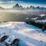 Aerial view of Mittelberg alpine ski slopes with skiers practicing on groomed runs, Austrian lodges below mountain peaks