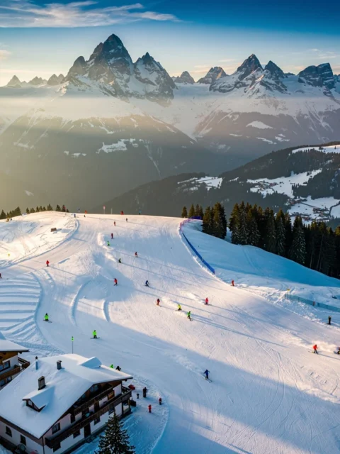 Aerial view of Mittelberg alpine ski slopes with skiers practicing on groomed runs, Austrian lodges below mountain peaks