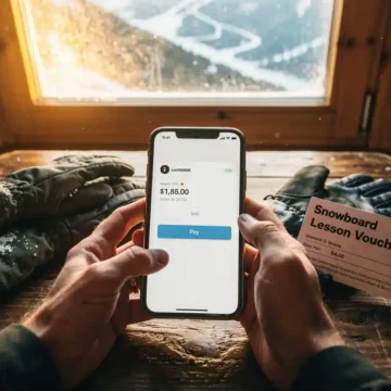 Handen die smartphone vasthouden met betaal-app op houten lodgetafel naast winterhandschoenen en snowboardbon