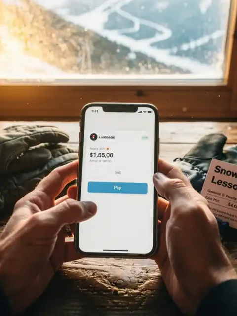 Handen die smartphone vasthouden met betaal-app op houten lodgetafel naast winterhandschoenen en snowboardbon