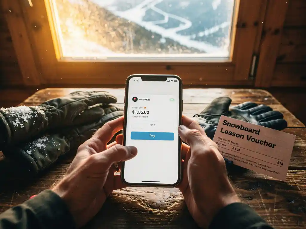 Handen die smartphone vasthouden met betaal-app op houten lodgetafel naast winterhandschoenen en snowboardbon