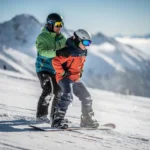 Moniteur de snowboard enseignant la posture correcte à un débutant sur une pente de montagne enneigée