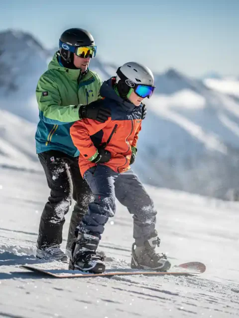 Moniteur de snowboard enseignant la posture correcte à un débutant sur une pente de montagne enneigée