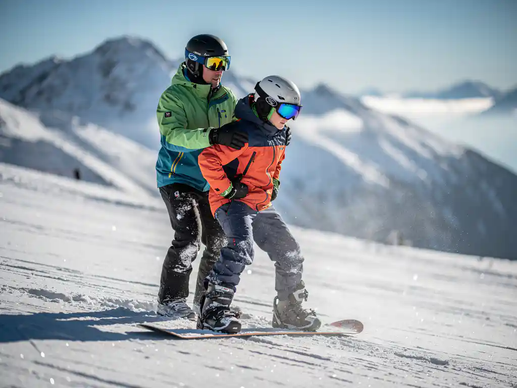 Moniteur de snowboard enseignant la posture correcte à un débutant sur une pente de montagne enneigée