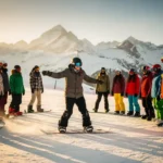Moniteur de snowboard professionnel enseignant la technique à des étudiants sur une piste enneigée en montagne