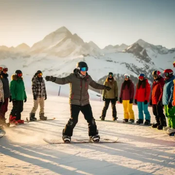 Moniteur de snowboard professionnel enseignant la technique à des étudiants sur une piste enneigée en montagne