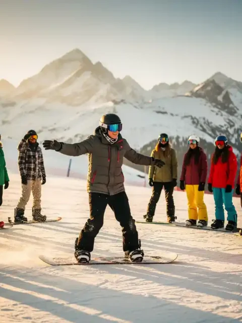 Moniteur de snowboard professionnel enseignant la technique à des étudiants sur une piste enneigée en montagne