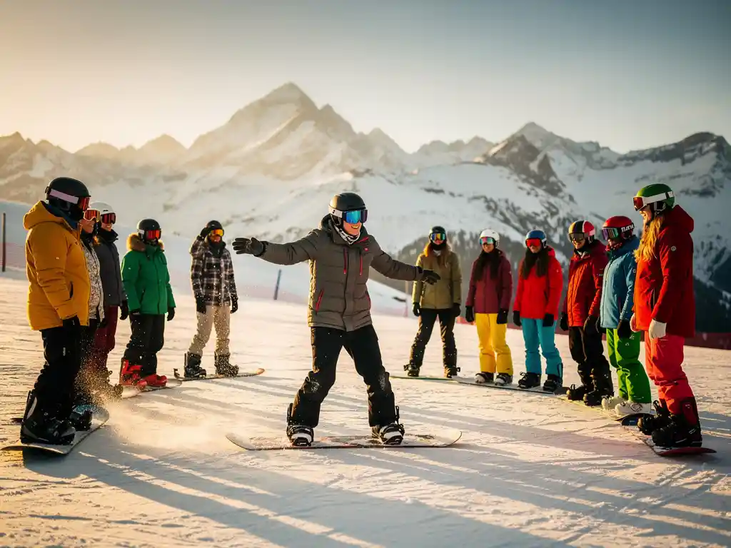 Moniteur de snowboard professionnel enseignant la technique à des étudiants sur une piste enneigée en montagne