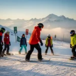 Moniteur de snowboard en veste rouge enseignant la position correcte à des étudiants sur une piste enneigée