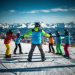 Moniteur de snowboard enseignant la posture correcte à des étudiants sur une pente de montagne enneigée