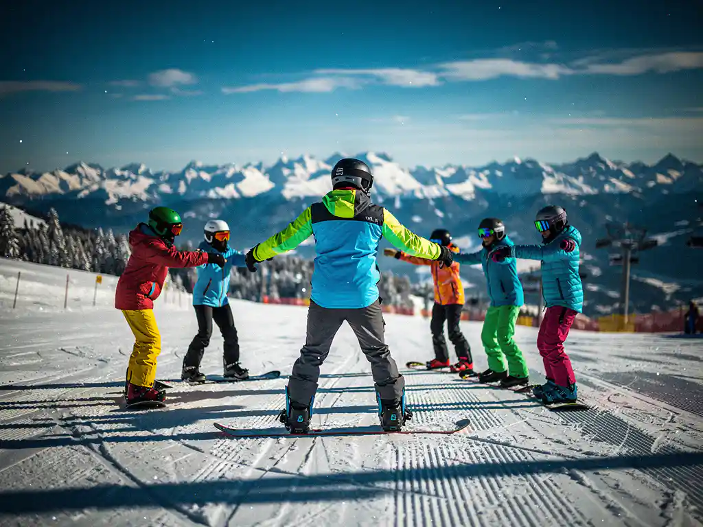 Moniteur de snowboard enseignant la posture correcte à des étudiants sur une pente de montagne enneigée