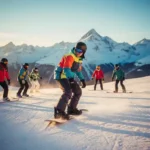 Moniteur de snowboard professionnel enseignant la technique à des étudiants sur une piste de montagne enneigée