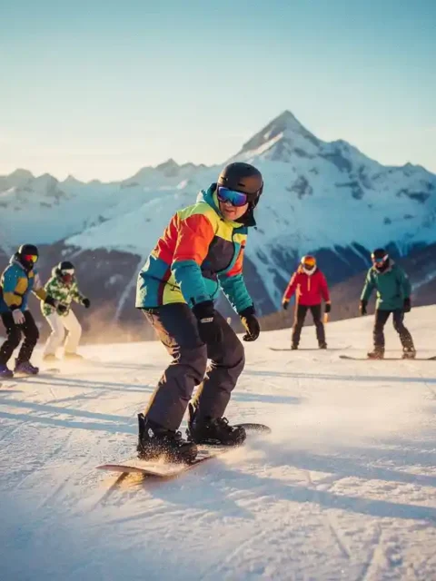 Moniteur de snowboard professionnel enseignant la technique à des étudiants sur une piste de montagne enneigée