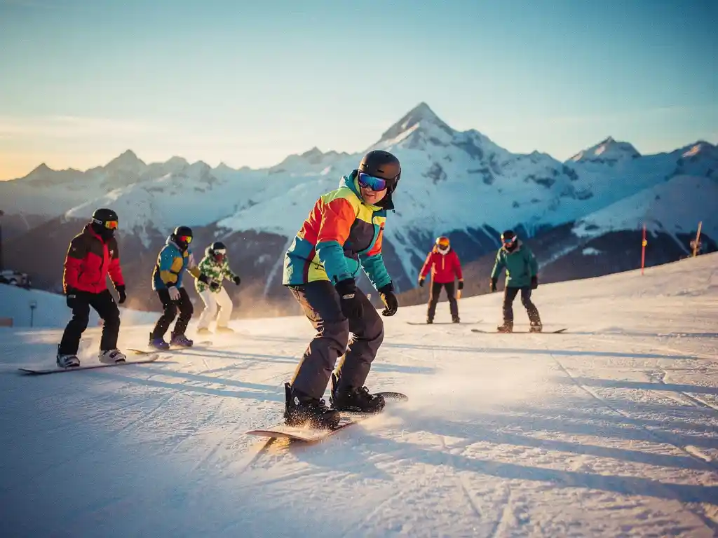 Moniteur de snowboard professionnel enseignant la technique à des étudiants sur une piste de montagne enneigée