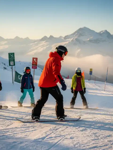 Moniteur de snowboard en veste rouge enseignant la position correcte à des étudiants sur une piste enneigée
