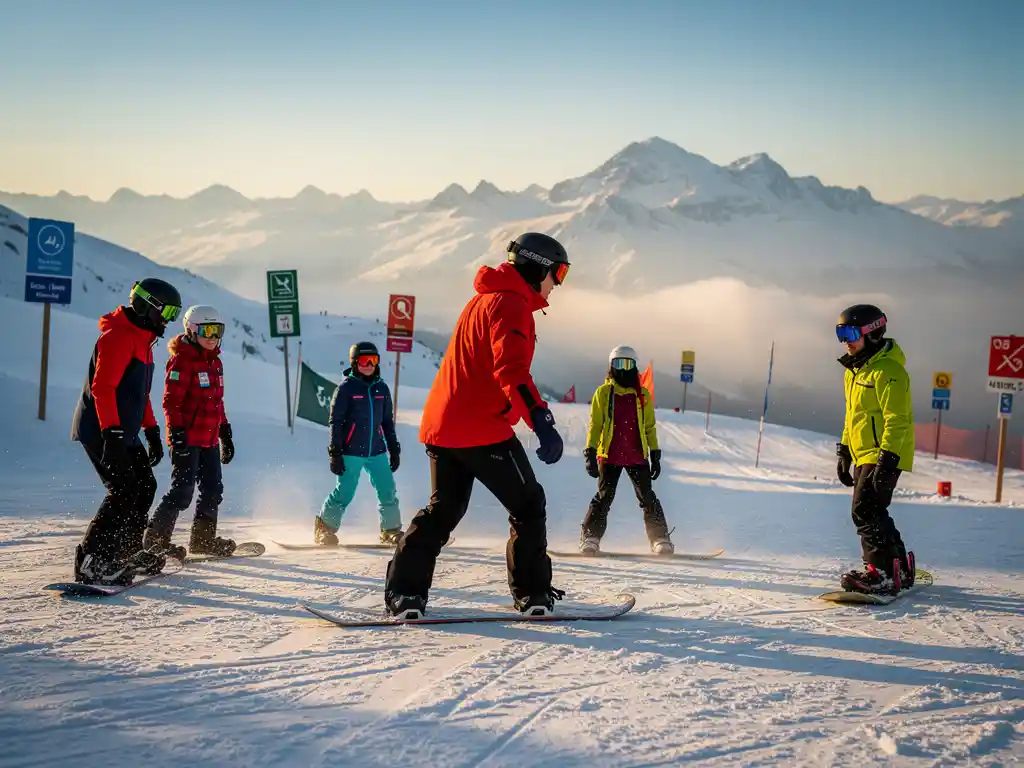 Moniteur de snowboard en veste rouge enseignant la position correcte à des étudiants sur une piste enneigée