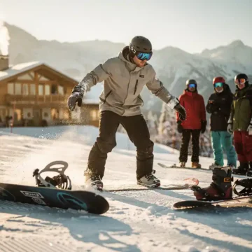 Moniteur de snowboard professionnel enseignant la technique à des étudiants sur une pente enneigée au coucher du soleil
