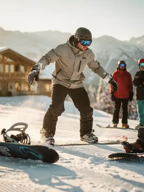 Moniteur de snowboard professionnel enseignant la technique à des étudiants sur une pente enneigée au coucher du soleil